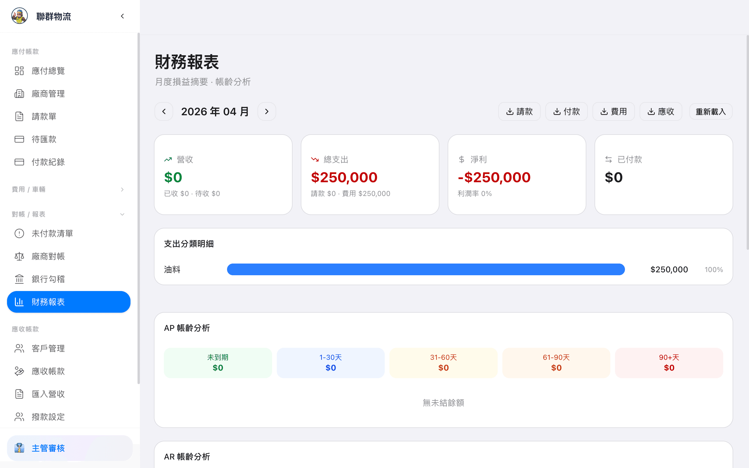 月度報表 — 收支彙總、成本分析、趨勢圖表